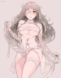 Rule 34 | 1girl, artist name, bandages, bandage over one eye, bandaged arm, bandages, blush, breasts, chowbie, cleavage, cleavage cutout, clothing cutout, feet out of frame, grey hair, hat, highres, large breasts, long hair, looking at viewer, nurse, nurse cap, original, sarashi, solo, thighs