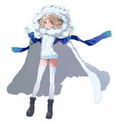 Rule 34 | 1girl, absurdres, animal ears, ankle boots, black footwear, blonde hair, blue scarf, boots, cape, detached sleeves, fur boots, highres, hood, horns, original, panties, red eyes, scarf, sheep girl, solo, standing, thighhighs, ume (datsuryokugen), underwear, white thighhighs, zettai ryouiki