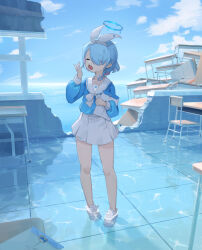 Rule 34 | 1girl, arona (blue archive), blue archive, blue hair, blue halo, blue shirt, blue sky, chair, choker, classroom, closed eyes, cloud, colored inner hair, commentary, day, desk, full body, hair over one eye, hair ribbon, halo, hand up, highres, long sleeves, multicolored hair, neckerchief, one eye covered, open mouth, outdoors, pink hair, ribbon, school chair, school desk, school uniform, serafuku, shijiuuuuuuu, shirt, shoes, short hair, skirt, sky, solo, standing, water, white choker, white footwear, white neckerchief, white ribbon, white skirt, yawning