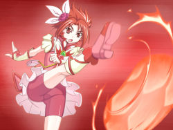 Rule 34 | 00s, 1girl, attack, ball, caryo, cure rouge, earrings, fingerless gloves, fire, gloves, jewelry, kicking, magical girl, nanashino, natsuki rin, precure, red background, red eyes, red hair, red shorts, red theme, ribbon, shorts, shorts under skirt, soccer ball, solo, spiked hair, upskirt, yes! precure 5, yes! precure 5 gogo!