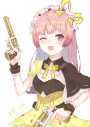 Rule 34 | !, !!, 1girl, atelier (series), atelier lydie &amp; suelle, blush, bow, bowtie, breasts, cleavage, dated, gun, hairband, highres, long hair, looking at viewer, one eye closed, open mouth, pink eyes, pink hair, small breasts, smile, solo, suelle marlen, upper body, weapon, white background