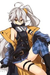 Rule 34 | 1girl, ahoge, belt, black gloves, blue thighhighs, character name, closed mouth, girls&#039; frontline, gloves, goggles, goggles around neck, hair between eyes, jacket, long hair, murakami meishi, pkp (girls&#039; frontline), ponytail, side ponytail, silver hair, simple background, single thighhigh, skirt, solo, thigh strap, thighhighs, very long hair, white background, yellow eyes