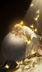 Rule 34 | 1boy, ass, barefoot, blonde hair, braid, bug, butterfly, dress, egg, elden ring, highres, insect, long hair, looking at viewer, male focus, miquella (elden ring), mono 0627, simple background, solo, trap