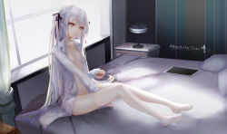Rule 34 | 1girl, absolute duo, backlighting, bed, closed mouth, copyright name, cup, day, hair ribbon, head tilt, highres, holding, indoors, long hair, looking at viewer, naked shirt, navel, open clothes, open shirt, red eyes, ribbon, shirt, silver hair, sitting, solo, tablet pc, teacup, thighhighs, two side up, wangchuan de quanyan, white shirt, white thighhighs, window, yurie sigtuna