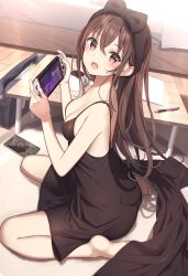 Rule 34 | 1girl, bare shoulders, black dress, blush, breasts, brown hair, cleavage, desk, dress, highres, huyunora, long hair, looking at viewer, medium breasts, nintendo switch, open mouth, original, paper, pen, solo