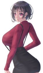 Rule 34 | 1girl, absurdres, arched back, ass, back, backlighting, belt, black hair, black skirt, blush, breasts, from behind, high-waist skirt, highres, himeliofon, large breasts, looking at viewer, looking back, open mouth, original, pencil skirt, purple eyes, red sweater, ribbed sweater, short hair, simple background, skirt, solo, standing, suspender skirt, suspenders, sweater