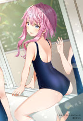 Rule 34 | 1other, 3girls, arm up, ass, blue eyes, book, chalkboard, classroom, from behind, highres, indoors, legs, looking at viewer, looking back, minamoto mamechichi, multiple girls, naughty face, one-piece swimsuit, open mouth, original, photoshop (medium), pink hair, pov, school swimsuit, short hair, sitting, smile, straddling, swimsuit, thighs, tongue, tongue out, waving, window
