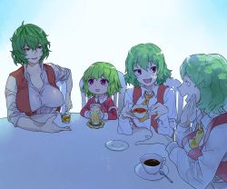 Rule 34 | 4girls, 57.7kg, :d, aged down, ascot, breasts, buttons, chair, collared shirt, commentary request, cookie (touhou), covered erect nipples, cup, drinking glass, fang, green hair, hair between eyes, hand up, holding, holding cup, ice, ice cube, jewelry, kazami yuuka, large breasts, lemonade, long sleeves, multiple girls, multiple persona, open mouth, profile, purple eyes, red eyes, ring, saucer, shirt, short hair, sitting, sleeveless, sleeves rolled up, smile, spoon, table, talking, tea, teacup, teaspoon, touhou, upper body, white shirt