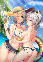 Rule 34 | 10s, 2girls, adapted costume, ass, beret, bikini, blue eyes, breasts, day, eyes visible through hair, hair ornament, hair over one eye, hairclip, hamakaze (kancolle), hat, highres, innertube, kantai collection, kashima (kancolle), large breasts, looking at viewer, multiple girls, navel, pleated skirt, sideboob, silver hair, skirt, smile, sparkle, swim ring, swimsuit, tako seijin, twintails, wavy hair