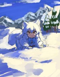 Rule 34 | 1girl, all fours, animal ears, arctic fox (kemono friends), blue bow, blue bowtie, blue sky, bow, bowtie, brown eyes, capelet, cloud, commentary request, day, fox ears, fox girl, fox tail, full body, gloves, hair between eyes, kemono friends, long hair, looking at viewer, mountainous horizon, outdoors, pleated skirt, rumenia (ao2is), skirt, sky, snow, solo, tail, tree, white capelet, white gloves, white hair