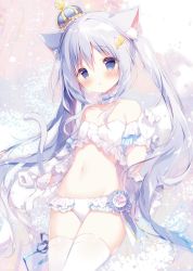 Rule 34 | 1girl, :o, animal ear fluff, animal ears, bikini, blue eyes, blush, cat ears, cat girl, cat tail, commentary, crescent, crescent hair ornament, crown, english commentary, english text, frilled bikini, frilled gloves, frills, gloves, grey hair, hair ornament, hand up, highres, long hair, looking at viewer, mini crown, navel, original, parted lips, shiratama (shiratamaco), sidelocks, solo, star (symbol), star hair ornament, swimsuit, tail, tail raised, thighhighs, tilted headwear, twintails, very long hair, white background, white bikini, white gloves