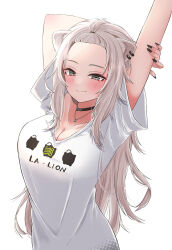 Rule 34 | 1girl, absurdres, alternate hairstyle, animal ears, arms up, bangs pinned back, black choker, black eyes, black nails, blush, breasts, choker, cleavage, closed mouth, commentary, ear piercing, eyelashes, forehead, grabbing own arm, hair down, hair tie, highres, hololive, jewelry, large breasts, lion ears, lion girl, long hair, looking at viewer, nail polish, necklace, nerorigogo, official alternate costume, piercing, shirt, shishiro botan, shishiro botan (casual), short sleeves, sidelocks, simple background, smile, solo, ssrb (shishiro botan), stretching, t-shirt, upper body, virtual youtuber, white background, white shirt