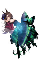Rule 34 | 1girl, animal ears, aurora, bare shoulders, brown hair, double exposure, dress, full body, fur choker, hair over one eye, hat, high heels, highres, horse ears, horse girl, horse tail, long hair, long sleeves, looking at viewer, looking to the side, night, night sky, off-shoulder dress, off shoulder, open mouth, pink eyes, purple hat, rice shower (umamusume), simple background, sky, smile, solo, tail, umamusume, white background, yomean!