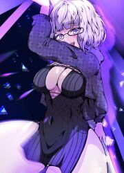 Rule 34 | 1girl, arm behind back, arm up, black dress, black jacket, blue eyes, blush, breasts, cleavage, covered navel, cropped jacket, dress, fate/grand order, fate (series), glasses, grey hair, hood, hooded jacket, jacket, jacques de molay (foreigner) (fate), jacques de molay (foreigner) (second ascension) (fate), large breasts, long sleeves, looking at viewer, open clothes, open jacket, open mouth, satou nui, short dress, short hair, smile, solo, thighs