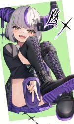 Rule 34 | 1girl, boots, grey hair, hololive, horns, la+ darknesss, long sleeves, looking at viewer, open mouth, short hair, smile, solo, thomas 8000, virtual youtuber