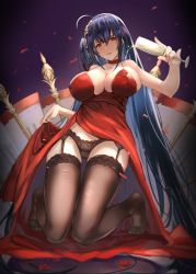 Rule 34 | 1girl, ahoge, alcohol, azur lane, bare shoulders, black hair, black panties, black thighhighs, blush, breasts, cameltoe, champagne flute, choker, cleavage, clothes lift, collarbone, covered erect nipples, cup, dress, dress lift, drinking glass, garter straps, hair between eyes, hair ornament, head tilt, highres, holding, holding cup, huge breasts, kakumayu, kneeling, lace, lace-trimmed legwear, lace panties, lace trim, large breasts, lifted by self, long hair, looking at viewer, no shoes, official alternate costume, one side up, open mouth, panties, petals, pinky out, pouring, pouring onto self, red dress, red eyes, ribbon, sidelocks, skindentation, smile, solo, taihou (azur lane), taihou (forbidden feast) (azur lane), thighhighs, thighs, underwear, very long hair