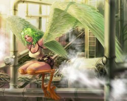 Rule 34 | 1girl, bell, bird legs, black choker, breasts, cgiftrsnut, choker, factory, feathers, goggles, goggles on head, green feathers, green hair, harpy, highres, indoors, large breasts, long hair, looking at viewer, mechanism, miniskirt, monet (one piece), monster girl, neck bell, one piece, skirt, smile, steam, tank top, tongue, tongue out, white tank top, winged arms, wings