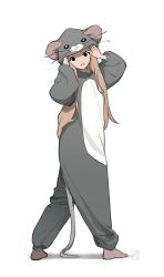 Rule 34 | 1girl, barefoot, brown hair, dot nose, full body, highres, hood, hood up, kimura 731, legs apart, long hair, long sleeves, looking at viewer, looking back, onesie, original, parted lips, puffy long sleeves, puffy sleeves, shadow, signature, simple background, solid circle pupils, solo, standing, whiskers, white background