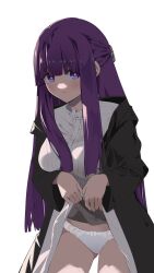 Rule 34 | 1girl, black coat, blush, breasts, clothes lift, coat, commentary request, dress, dress lift, fern (sousou no frieren), highres, large breasts, long hair, long sleeves, looking at viewer, open clothes, open coat, panties, pei iriya, purple eyes, purple hair, sidelocks, solo, sousou no frieren, thighs, underwear, white background, white dress, white panties