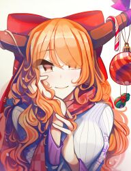 Rule 34 | 1girl, alternate breast size, bow, breasts, candy, candy cane, christmas, christmas ornaments, food, gourd, hair bow, hand on own cheek, hand on own face, highres, horn ornament, horn ribbon, horns, ibuki suika, kaliningradg, large breasts, long hair, orange hair, red eyes, ribbon, smile, solo, sweater, touhou, wavy hair, white background