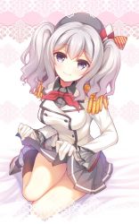 Rule 34 | 10s, 1girl, beret, black socks, blouse, breasts, buttons, clothes lift, collared shirt, double-breasted, epaulettes, female focus, frilled sleeves, frills, gloves, grey shirt, gunp, hat, head tilt, kantai collection, kashima (kancolle), kerchief, lace background, large breasts, looking at viewer, military, military uniform, miniskirt, neckerchief, open m/, pleated skirt, purple eyes, red neckerchief, shirt, sidelocks, silver hair, sitting, skirt, skirt lift, smile, socks, solo, taut clothes, taut shirt, twintails, uniform, wavy hair, white gloves, white shirt, yokozuwari