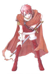 Rule 34 | 1girl, aritani mahoro, blue eyes, boots, bracer, cape, full body, fur boots, jewelry, leaning forward, looking at viewer, necklace, record of lodoss war, red footwear, red hair, santa boots, shiris (lodoss), short hair, shoulder pads, smile, solo, sword, thigh boots, thighhighs, traditional media, weapon, white background
