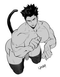 Rule 34 | 1boy, absurdres, animal ears, ass, bara, beard, blue eyes, boku no hero academia, cat boy, cat ears, cat tail, censored, cropped legs, endeavor (boku no hero academia), facial hair, fingernails, flaccid, from above, greyscale, highres, kemonomimi mode, large pectorals, male focus, mature male, monochrome, mosaic censoring, muscular, muscular male, n9poison, nipples, nude, paw pose, pectorals, penis, scar, scar across eye, scar on face, sharp fingernails, short hair, sideburns, solo, spiked hair, spot color, tail, tail raised, thick thighs, thighhighs, thighs