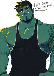 Rule 34 | 1boy, arms at sides, bara, bare pectorals, beard, black bodysuit, blue eyes, blush, bodysuit, colored skin, english text, eyebrow cut, facial hair, goatee stubble, green skin, head tilt, highres, huge pectorals, looking at viewer, male focus, mature male, monster boy, muscular, muscular male, nipples, orc, original, pectorals, rusl (ruslorc), ruslorc, short hair, singlet, solo, speech bubble, stubble, thick eyebrows, tusks