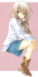 Rule 34 | 00s, 1girl, :o, ankle boots, blue skirt, boots, brown footwear, brown hair, buttons, full body, hair ribbon, hand on own knee, long hair, long sleeves, looking at viewer, low twintails, mizuno eita, parted lips, pencil skirt, pink background, ribbon, shirt, simple background, skirt, solo, spiral, spiral (manga), twintails, white shirt, yellow eyes, yuizaki hiyono