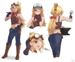 Rule 34 | 1girl, abs, absurdres, artist name, ass, bandage over one eye, belt, black gloves, blonde hair, brown belt, character sheet, denim, freckles, frown, gloves, goggles, goggles on head, green eyes, hammer, highres, holding, holding hammer, hololive, hololive english, jeans, long hair, multiple views, one eye covered, pants, scout (mythbreakers), tfqr, toned, torn clothes, torn jeans, torn pants, turnaround, virtual youtuber, white background, world of darkness, wrench