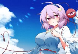 Rule 34 | 1girl, :o, ahoge, blue shirt, blue sky, blush, breasts, bright pupils, buttons, cloud, heart, heart button, heart hairband, heart of string, highres, komeiji satori, large breasts, looking at viewer, outdoors, pink eyes, pink hair, scavia10, shirt, sky, solo, third eye, touhou, upper body, white pupils, wide sleeves
