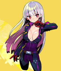 Rule 34 | 1girl, belt, bodysuit, breasts, cleavage, closed mouth, gloves, kula diamond, long hair, multicolored hair, onono imoko, red eyes, solo, streaked hair, the king of fighters, unzipped, white hair, zipper