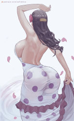 Rule 34 | 1girl, arm up, armpits, ass, bare back, bare shoulders, black hair, breasts, dress, flower, from behind, grey background, hair flower, hair ornament, highres, large breasts, long hair, one piece, patreon username, petals, polka dot, polka dot dress, red flower, red rose, rose, sideboob, simple background, solo, viola (one piece), white dress, zefrableu