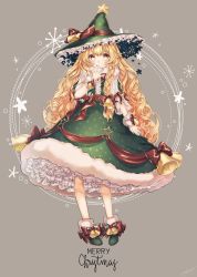 Rule 34 | 1girl, alternate color, bell, blonde hair, bow, braid, curly hair, dress, full body, green dress, green footwear, green hat, hair bow, hand up, hat, highres, kirisame marisa, long hair, looking at viewer, mokokiyo (asaddr), nail polish, purple nails, red bow, shoes, side braid, simple background, solo, standing, star (symbol), touhou, very long hair, witch hat, yellow eyes