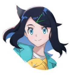 1girl black_hair blue_eyes blue_hair closed_mouth creatures_(company) cropped_torso game_freak hair_ornament hairclip liam_(lhzur) liko_(pokemon) looking_at_viewer medium_hair nintendo pokemon pokemon_(anime) pokemon_horizons short_hair smile solo upper_body white_background