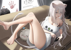Rule 34 | 1girl, animal ears, black bra, black nails, blush, bottomless, bra, breasts, cleavage, couch, english text, fang, grey eyes, hair between eyes, handprint, hololive, large breasts, lion ears, lion girl, lion tail, long hair, looking at viewer, lying, nail polish, off shoulder, on back, on couch, open mouth, paid reward available, ri qing, shirt, shishiro botan, shishiro botan (casual), short sleeves, single bare shoulder, solo, strap slip, t-shirt, tail, thighs, toenail polish, toenails, underwear, very long hair, virtual youtuber, white hair, white shirt
