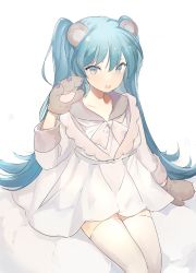 Rule 34 | 1girl, :o, animal ears, animal hands, arm at side, bear ears, blue eyes, blue hair, dress, fang, gloves, hatsune miku, long hair, long sleeves, looking at viewer, lpip, open mouth, paw gloves, simple background, sitting, solo, thighhighs, twintails, very long hair, vocaloid, white background, white dress, white thighhighs, zettai ryouiki