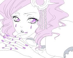 Rule 34 | 1girl, arrancar, artist request, bleach, cirucci sanderwicci, facial mark, fingerless gloves, gloves, hair ornament, interlocked fingers, lipstick, lowres, makeup, nail polish, parted lips, puffy sleeves, purple eyes, purple hair, purple lips, purple nails, short twintails, solo, teardrop tattoo, twintails, wavy hair