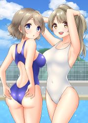 Rule 34 | 2girls, absurdres, adjusting clothes, adjusting swimsuit, ass, blue eyes, blue one-piece swimsuit, blue sky, brown eyes, cloud, color connection, commentary request, commission, competition swimsuit, cowboy shot, day, fence, grey hair, hair color connection, highres, in-franchise crossover, long hair, looking at viewer, love live!, love live! school idol project, love live! sunshine!!, minami kotori, multiple girls, one-piece swimsuit, one side up, outdoors, pixiv commission, ponytail, poolside, short hair, sky, swimsuit, takochan77, thighs, watanabe you, white one-piece swimsuit