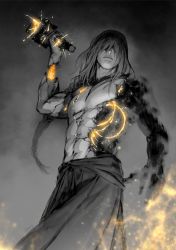 Rule 34 | 1boy, abs, absurdres, closed mouth, commentary, cracked skin, elden ring, hammer, highres, holding, holding hammer, hole in chest, hole on body, jdori, long hair, male focus, navel, radagon of the golden order, skirt, solo, sparkle, topless male