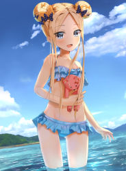 Rule 34 | 1girl, abigail williams (fate), bare shoulders, bikini, black bow, blonde hair, blue bikini, blue eyes, blue sky, blush, bow, breasts, collarbone, double bun, fate/grand order, fate (series), forehead, frilled bikini, frills, hair bow, hair bun, highres, long hair, looking at viewer, multiple bows, navel, ocean, open mouth, orange bow, parted bangs, polka dot, polka dot bow, sakazakinchan, sidelocks, sky, small breasts, smile, solo, stuffed animal, stuffed toy, swimsuit, teddy bear, thighs, wading, water