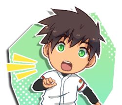 Rule 34 | 1boy, bacchikoi!, bad link, baseball uniform, brown hair, chibi, chibi inset, green background, green eyes, long sleeves, looking at viewer, lowres, male focus, mikkoukun, motion lines, nakahara masaru, open mouth, outline, shirt, short hair, solo, sportswear, sticker, surprised, teeth, transparent background, upper body, white outline, white shirt