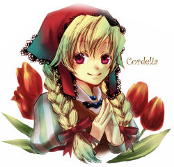 Rule 34 | 0a-z0, 1girl, blonde hair, braid, character name, cordelia (saga), cordelia (saga frontier 2), flower, gem, hair ribbon, head scarf, jewelry, lace, necklace, own hands together, pearl (gemstone), pink eyes, puffy sleeves, ribbon, saga, saga frontier, saga frontier 2, smile, solo, tulip, twin braids, twintails, upper body