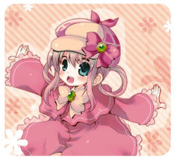 Rule 34 | 10s, 1girl, :d, blue eyes, blush, bow, cosori, cowboy shot, dress, floral print, frilled sleeves, frills, hair between eyes, hair rings, hat, kosori (dennoukitan), long hair, looking at viewer, open mouth, outstretched arms, pink background, pink bow, pink dress, rounded corners, sherlock shellingford, sidelocks, smile, solo, striped, striped background, tantei opera milky holmes, wide sleeves