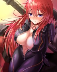 Rule 34 | 1girl, :&gt;, biker clothes, blue eyes, blurry, blurry background, blush, breasts, cleavage, collar, guardian tales, highres, large breasts, long hair, looking at viewer, movie star eugene, navel, red hair, sitting, udon frozen, zipper