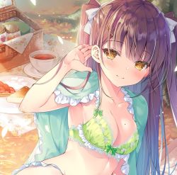 Rule 34 | 1girl, arm up, armpit peek, armpits, blanket, bra, breasts, brown hair, cleavage, collarbone, cup, frills, green bra, hair ornament, hair ribbon, hairclip, lingerie, long hair, looking at viewer, medium breasts, miwabe sakura, mole, mole on breast, orange eyes, original, picnic, picnic basket, ribbon, smile, solo, stomach, teacup, two side up, underwear, underwear only, x hair ornament