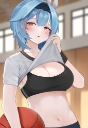 Rule 34 | 1girl, absurdres, ball, basketball (object), black hairband, blue hair, blurry, blurry background, breasts, cleavage, clothes lift, commentary request, crop top, eula (genshin impact), genshin impact, grey shirt, hairband, highres, holding, holding ball, indoors, large breasts, lifted by self, looking at viewer, midriff, navel, parted lips, red eyes, shirt, shirt lift, short hair, short sleeves, solo, sports bra, stomach, touch (thutchai), upper body, wristband