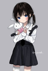 Rule 34 | 1girl, bandaged leg, bandages, black hair, blue eyes, blush, broken heart print, collared shirt, commentary, crying, holding, holding stuffed toy, long sleeves, looking at viewer, original, ruimado, shirt, side ponytail, skirt, solo, stuffed animal, stuffed rabbit, stuffed toy, suspender skirt, suspenders, symbol-only commentary
