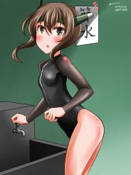 Rule 34 | 10s, 1girl, :o, ^^^, blush, brown eyes, brown hair, cowboy shot, dated, faucet, flat chest, from side, gradient background, hair between eyes, headgear, hebitsukai-san, highres, kantai collection, leotard, long sleeves, looking at viewer, looking back, open mouth, short hair, short hair with long locks, sidelocks, sink, solo, standing, surprised, taihou (kancolle), turtleneck, twitter username