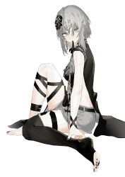 Rule 34 | 1girl, absurdres, barefoot, belt, black thighhighs, breasts, bridal legwear, brown eyes, closed mouth, earrings, fingernails, from side, full body, grey hair, grey skirt, hair ornament, hand on own foot, highres, jewelry, knee up, looking at viewer, looking to the side, medium breasts, miniskirt, mouth hold, nail polish, original, renxzd, short hair, sideless outfit, simple background, single thighhigh, sitting, skirt, sleeveless, solo, thigh strap, thighhighs, toenail polish, toenails, toes, white background